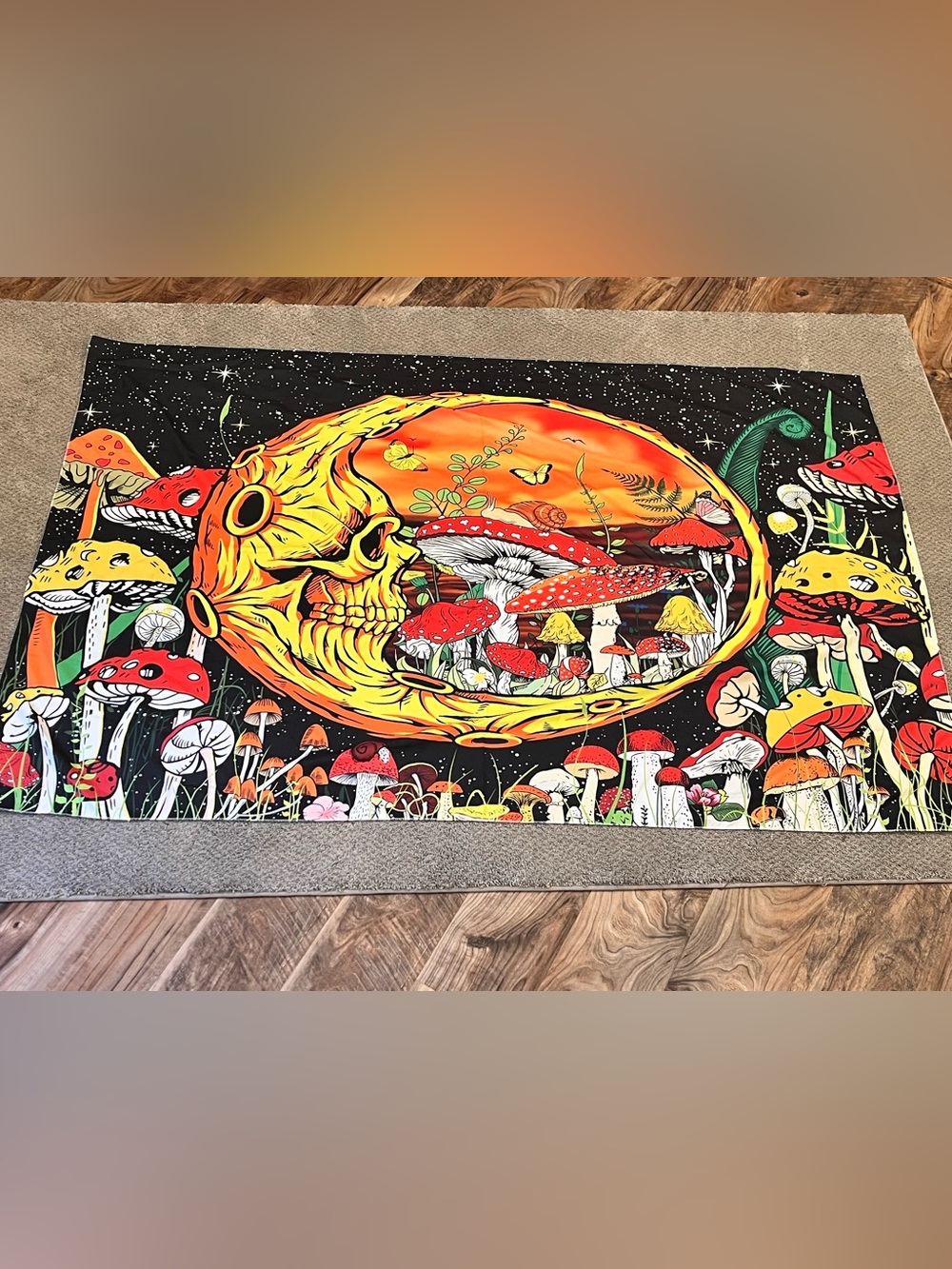 Orange & Red Psychedelic Mushroom, Butterfly, Skull Tapestry